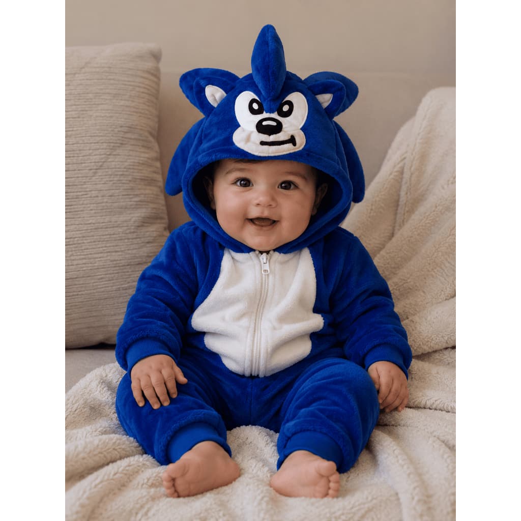 Macacão Peluciado Sonic em Fleece - fantasia, pijama kigurumi para bebês e crianças