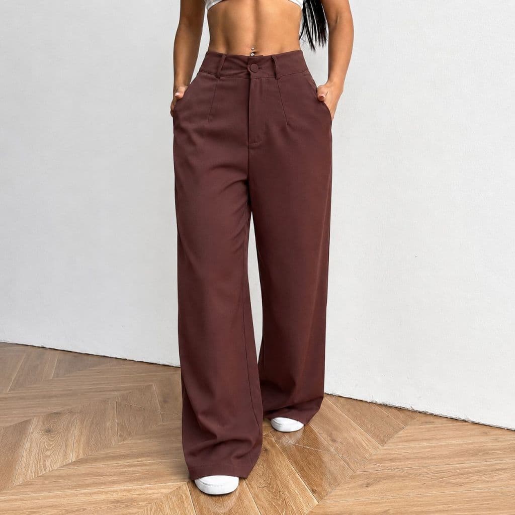 Calça Pantalona Wide Leg Feminina Alfaiataria Social Com Bolsos e Zíper Elegante Trabalho