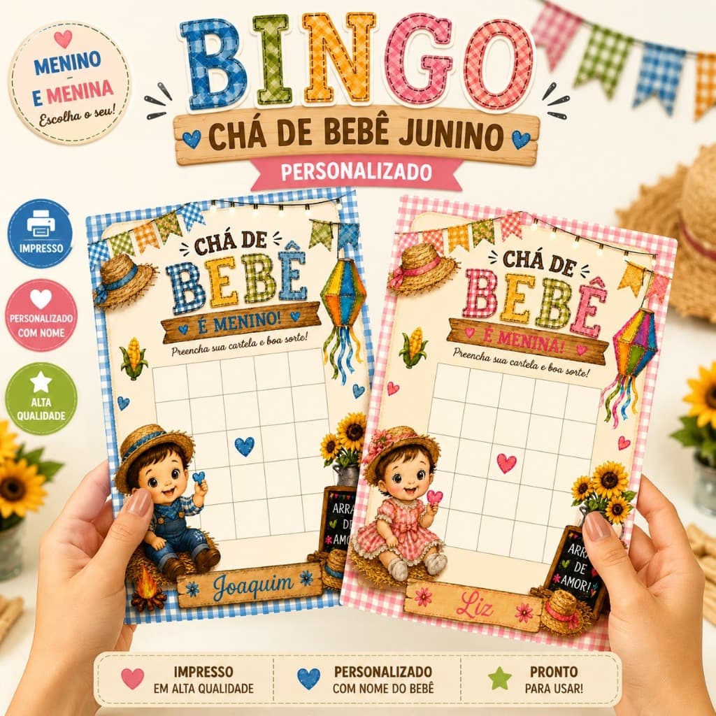 Bingo Chá de Bebê Junino Cartela Personalizada Impressa | Menino e Menina | Festa Arraiá | Festa Junina | Charraia