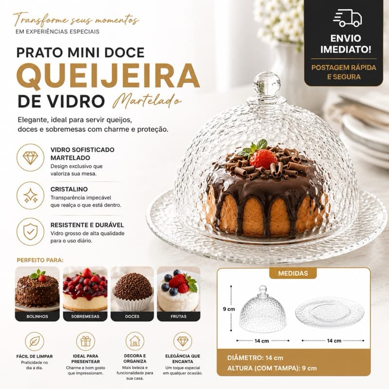 Mini Prato Doce Queijeira de Vidro 14cm Martelados | Elegante, Ideal para Servir Queijo Resistente
