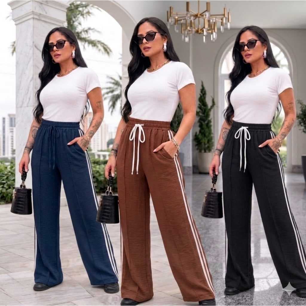 Calça Pantalona Feminina Cintura Alta Com Bolso E Listras Laterais E Pinça Na Frente/Elegante Caimento Perfeito