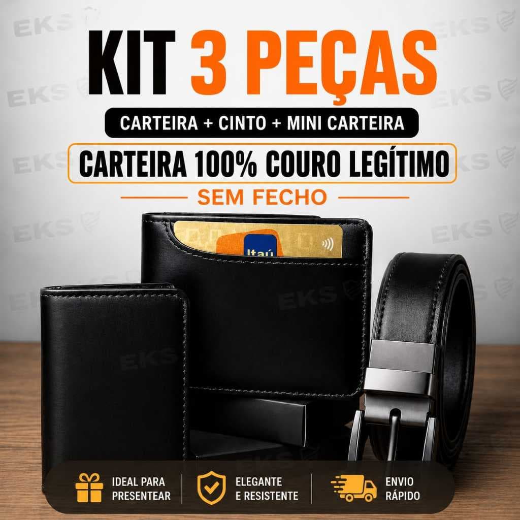 Carteira Masculina 100% Couro / Sem Fecho + Cinto Social Dupla Face com Fivela Giratória Presente