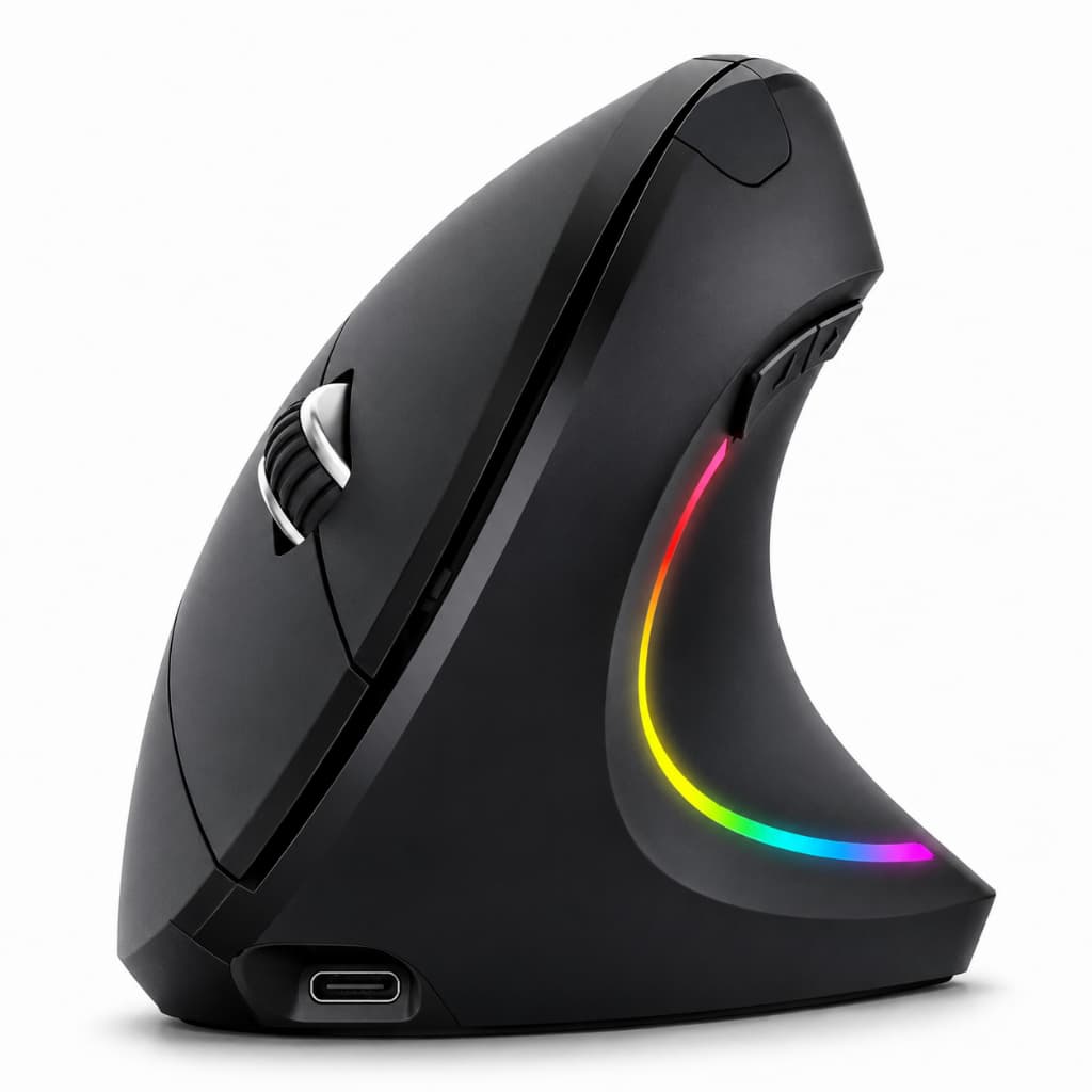 Mouse Vertical RGB Recarregável Bluetooth e USB 2.4G Silencioso DPI Ajustável p/ Notebook PC