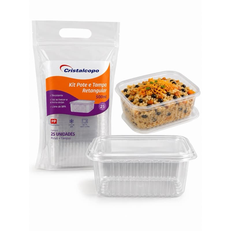 Kit Pote com Tampa Retangular 500ml Cristalcopo – 25 Unidades | Marmita, Sobremesa, Delivery, Freezer e Micro-ondas