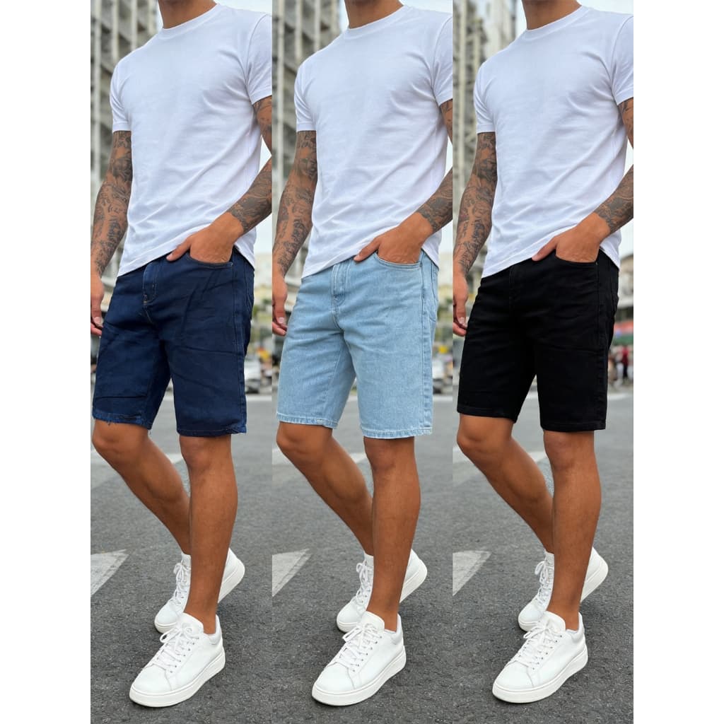 【Kit 3】Bermuda Jeans Masculina Preto Azul Azul Claro Casual Versátil shorts jeans