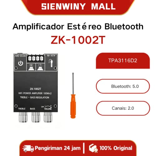ZK-1002T Amplificador Estéreo 100W x 2 Bluetooth 5.0 com Controle de Graves e Agudos