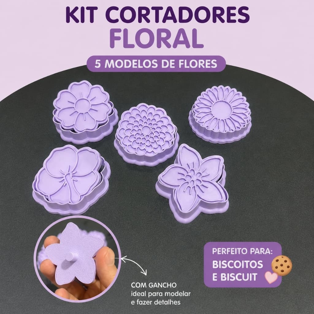 Kit 05 Cortadores de Biscoito Flores 3D – Para Confeitaria ou Biscoitos Caseiros