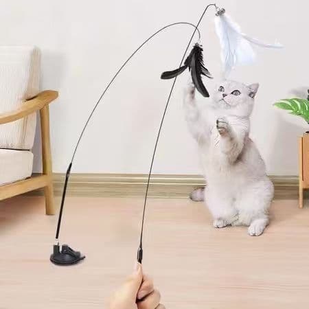 2pcs Brinquedo Interativo Varinha para Gatos com Ventosa, Pena de Pássaro e Base Fixa - Estímulo Caça