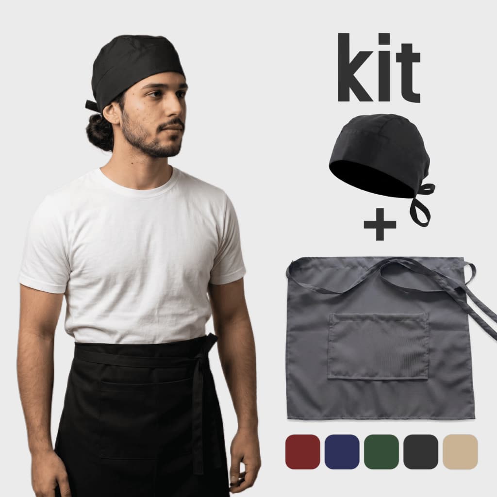 Meio Avental de Cintura com Bolso + Bandana em Oxford Ajustável Masculino Uniforme Restaurante