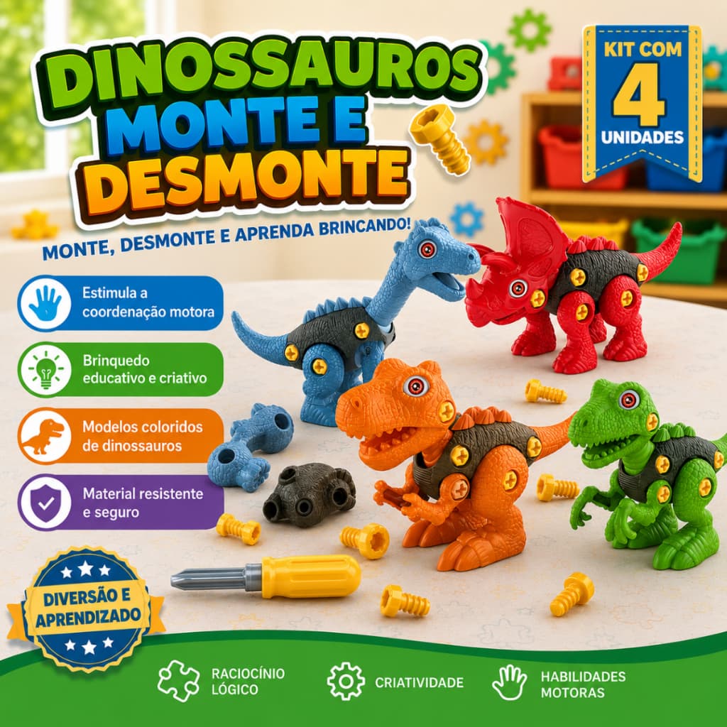 Kit 4 Dinossauros Monta e Desmonta Articulavel Educativo Pedagógico