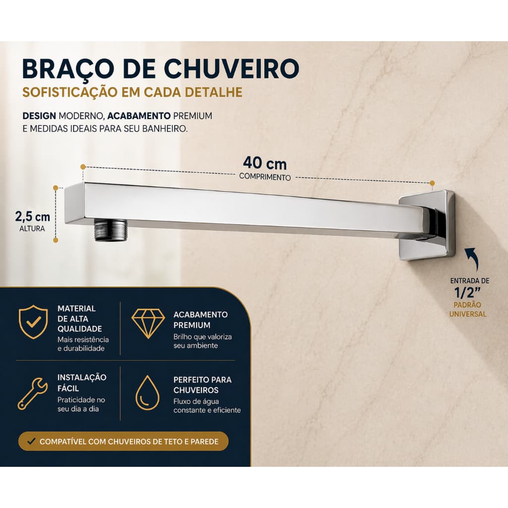 Braço Chuveiro Inox Para Ducha Inox Cromado Quadrada