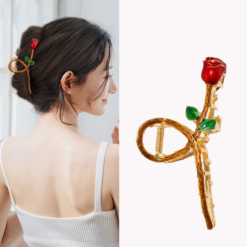 Piranha Rosa Vermelha Dourada Para Cabelo Elegante Garra Flor Vermelha Fashion Feminina Luxo