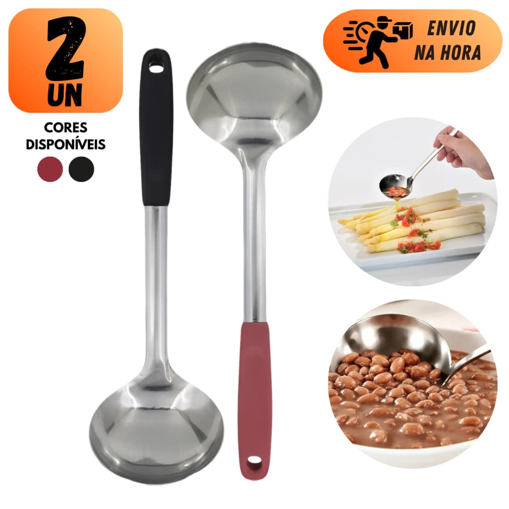 Kit Concha Inox Com Cabo Plástico Para Cozinha Restaurante Para Servir Molhos Sopas Feijão