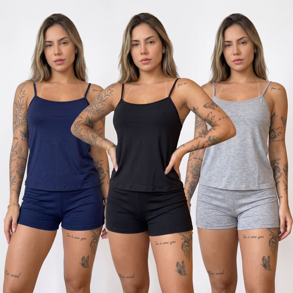 Kit com 3 shortdoll – Conjunto Pijama Feminino Liso e Super Fresquinho. Cores diversas