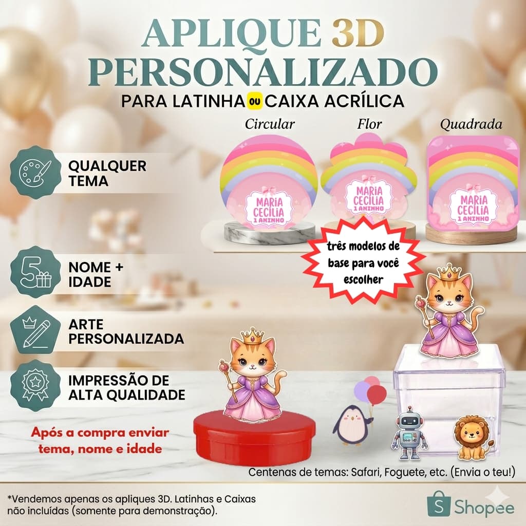 APLIQUE 3D PARA CAIXA DE ACRILICO  OU LATINHA personalizado com qualquer tema 4x4cm ou 5x5cm