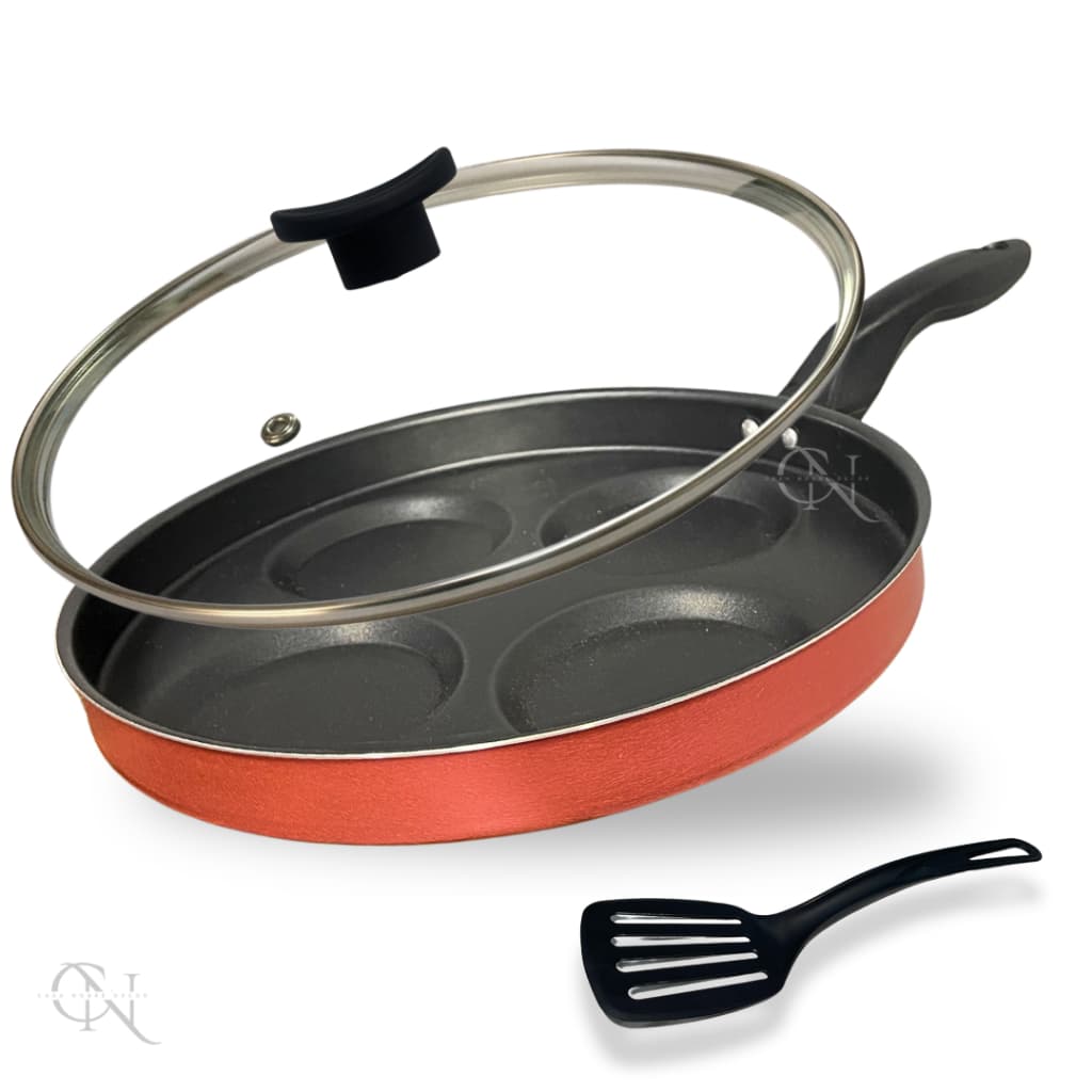 Frigideira 26 cm Divisória 4 Ovos Hambúrguer Com Tampa de Vidro e Espátula Antiaderente Cor Vermelho