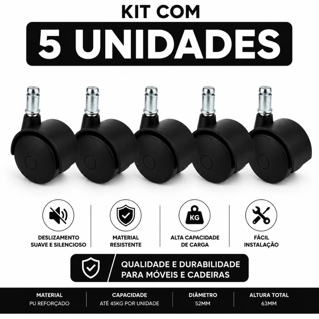 Roda Cadeira Gamer Giratória Escritório Kit 5 Rodinhas Universal Não Risca Baixo Ruido -PU Reforçado