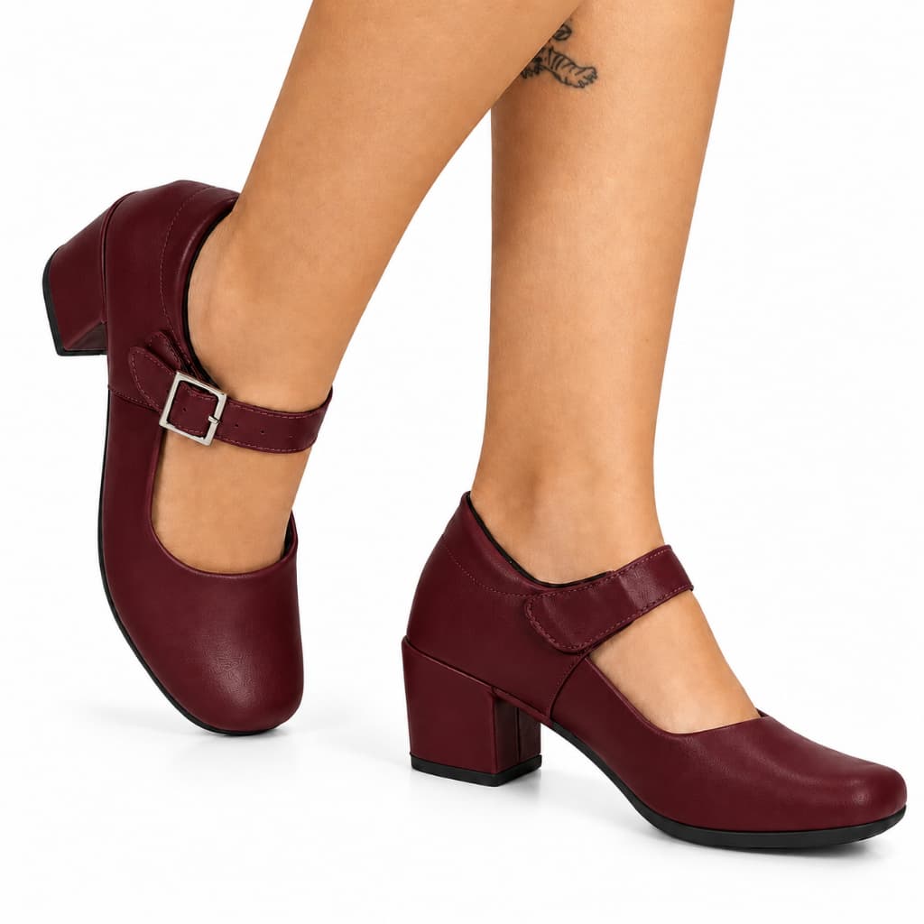 Sapato Boneca Feminino Marsala Mary Jane Salto Bloco Grosso com Fivela