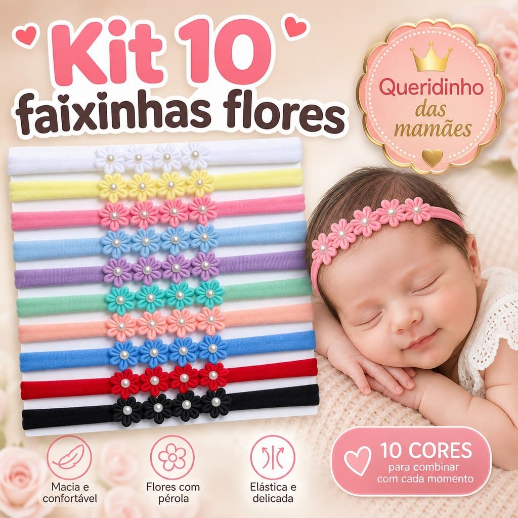 Kit 10 Faixinhas Tiara para Bebê com Flores Laços Lacinhos Menina Rn