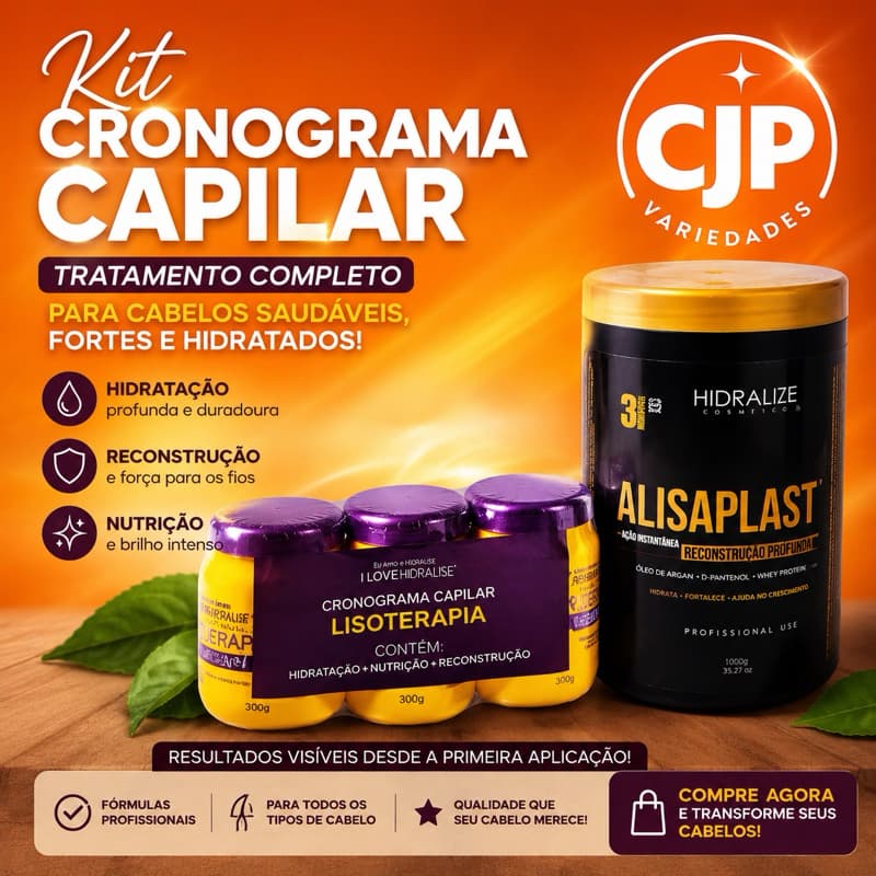 Kit Cronograma Capilar Hidralise Lisoterapia + Alisaplast Hidratação Nutrição Reconstrução Anti Frizz Cabelo Liso Brilho