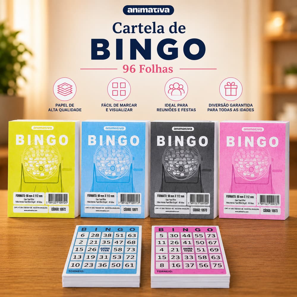 Cartela de Bingo 96 Folhas Colorida Festa Evento Jogo, Diversão, Família, Fácil Marcação