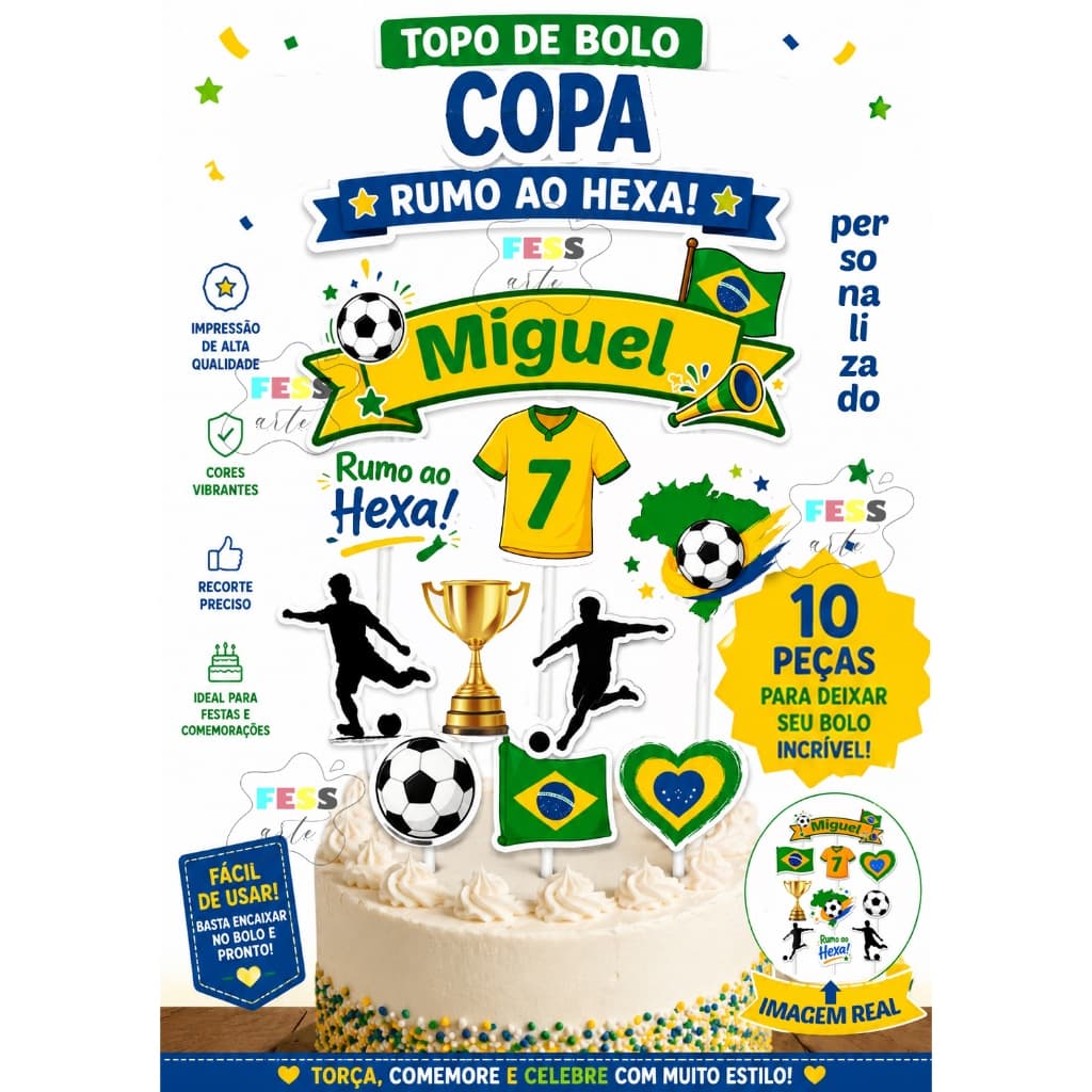 topo de bolo copa futebol brasil bola time decoração personalizado nome idade tag 10 peças barato