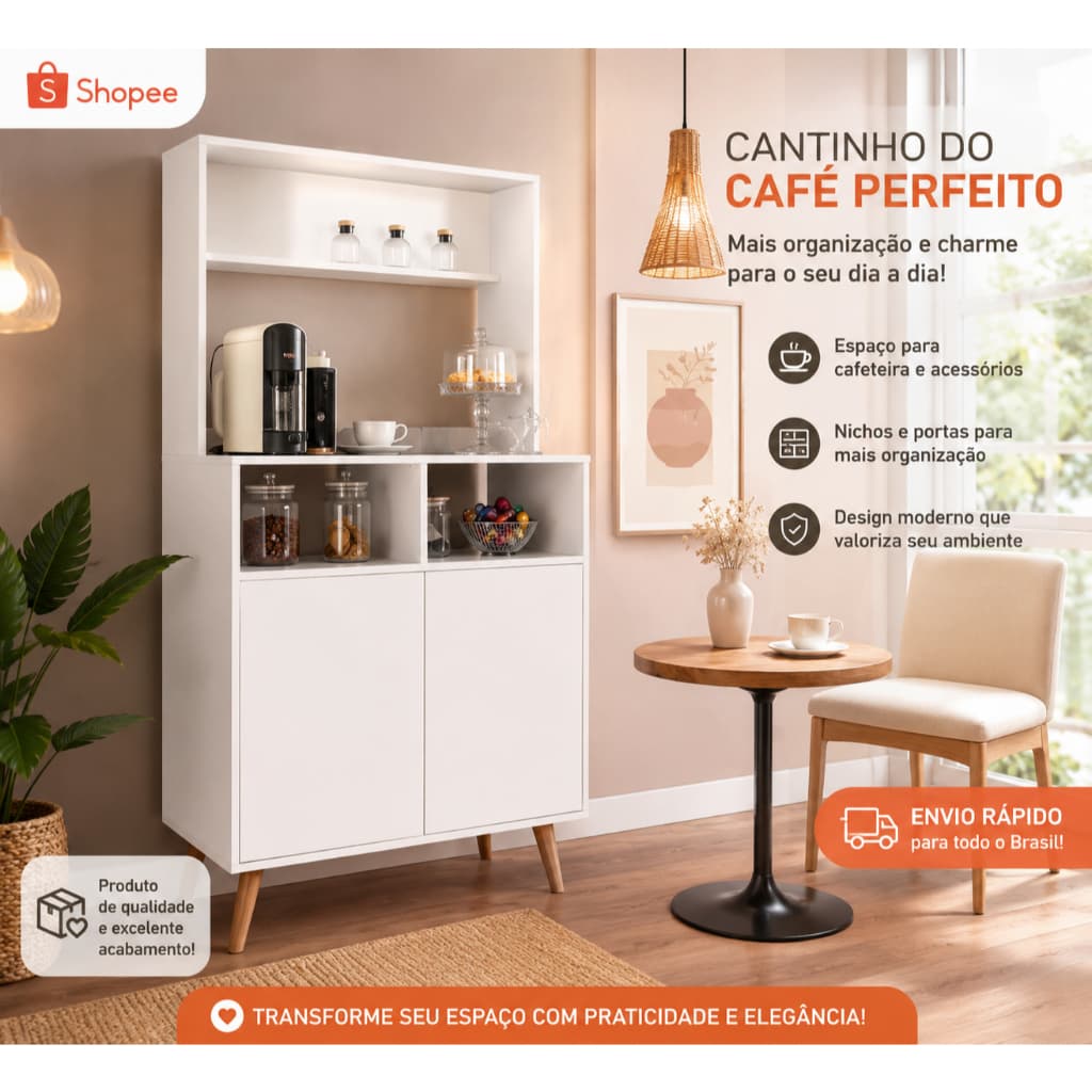 Cantinho do Café Multiuso com Pés PVC e Portas Ripadas 3D