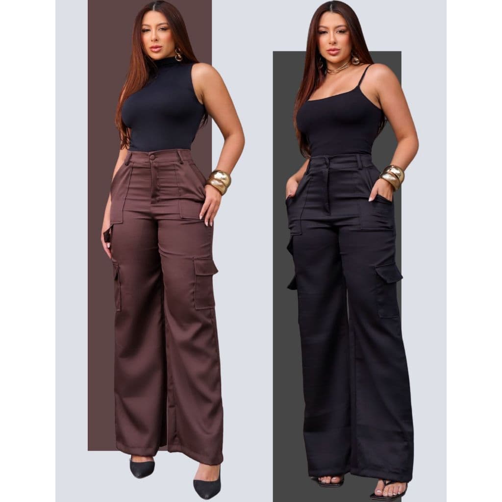 Kit 2 Calças Cargo Alfaiataria Pantalona Feminina Premium Wide Leg Blogueira Social Estilosa Bolsos