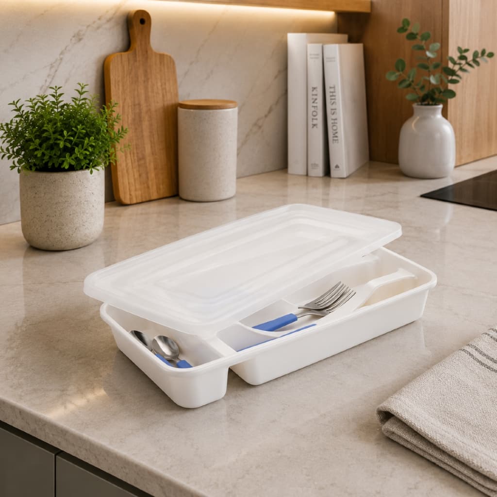 Porta Talheres Com Tampa E Divisórias Organizador Cozinha Plástico Branco Reutilizável Compacto