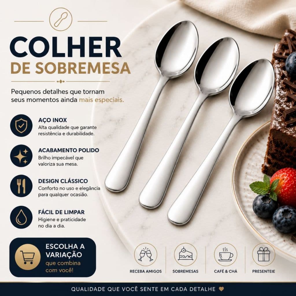 Colher de Sobremesa Aço Inox Talheres Resistentes para Cozinha Aparelho de Jantar Faqueiro