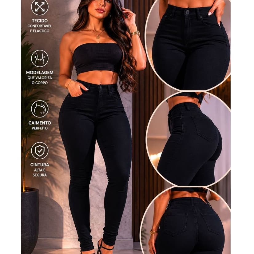 Calça Jeans Preta Skinny Com Lycra Cintura Alta Corte Do Jeans Empina Confortável Moda Feminina.
