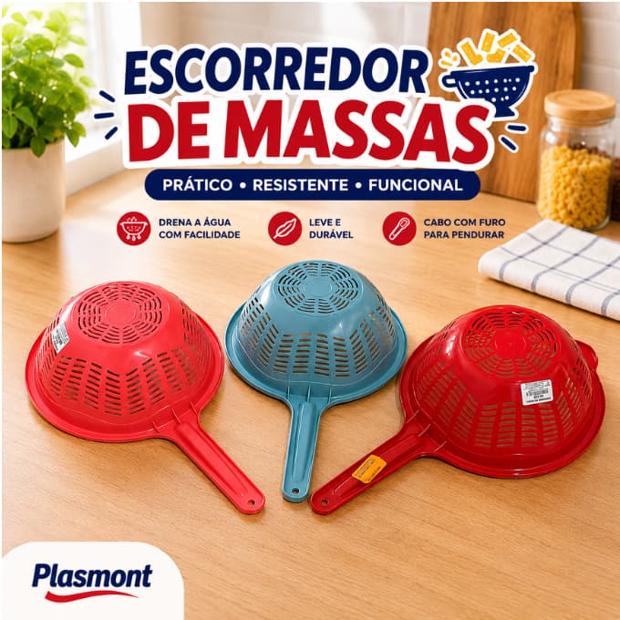 Escorredor De Massas 22cm C/ Cabo Longo Plasmont Cores Variadas Coar E Lavar Alimentos