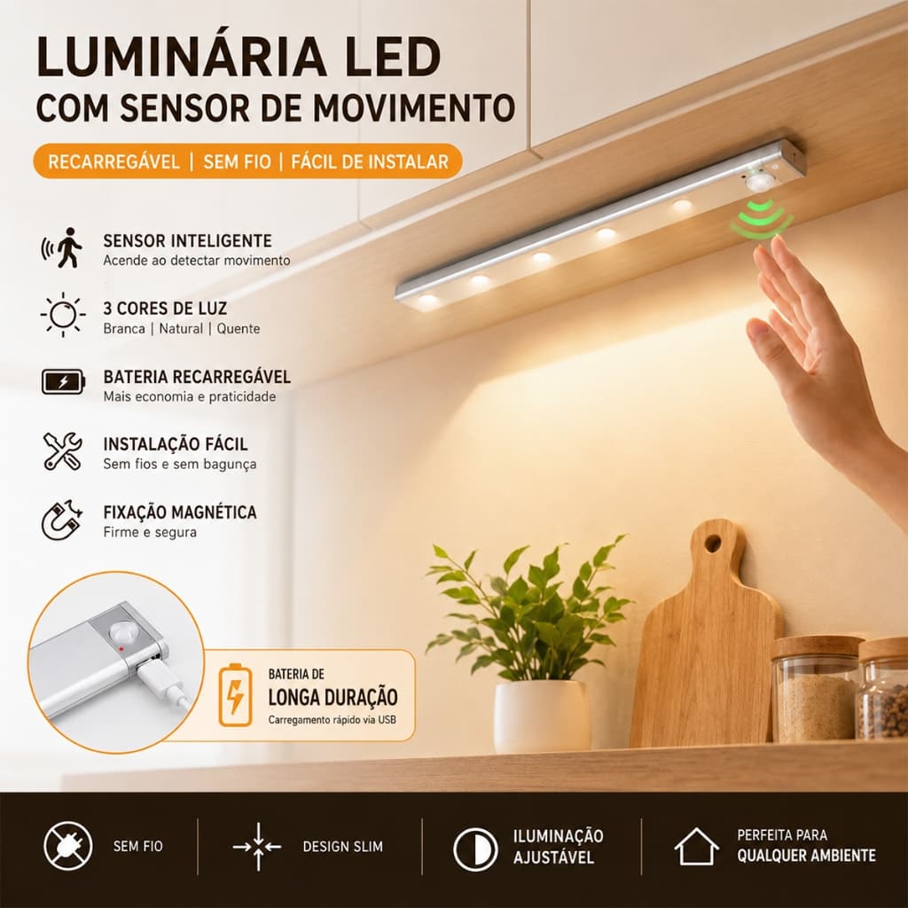 60cm LED luz sem fio inteligente Sensor guarda-roupa quarto carregamento USB conveniente