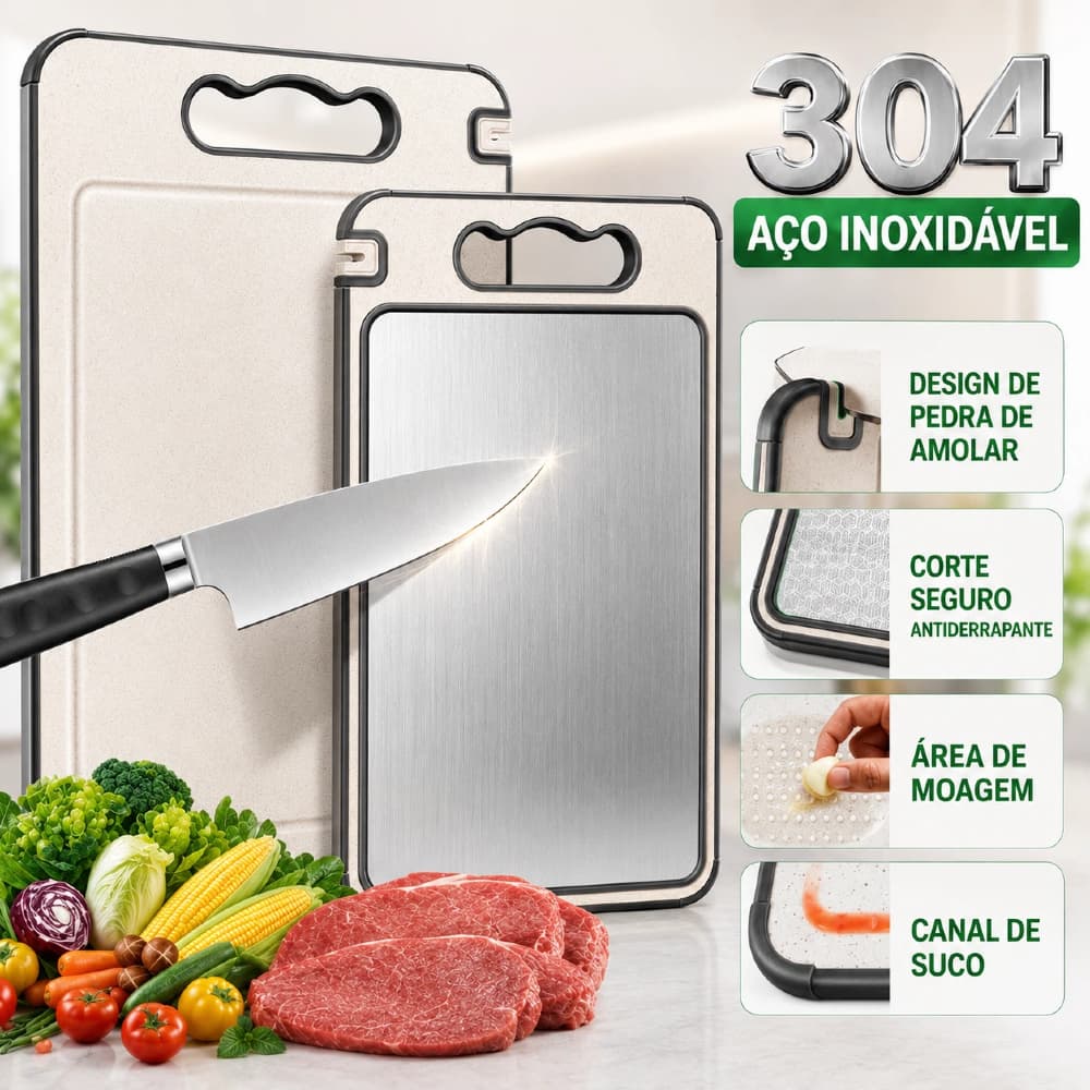 Tábua De Corte Dupla Face 304 De Aço Inoxidável, Antimofo e Antibacteriano, Ferramenta de Cozinha