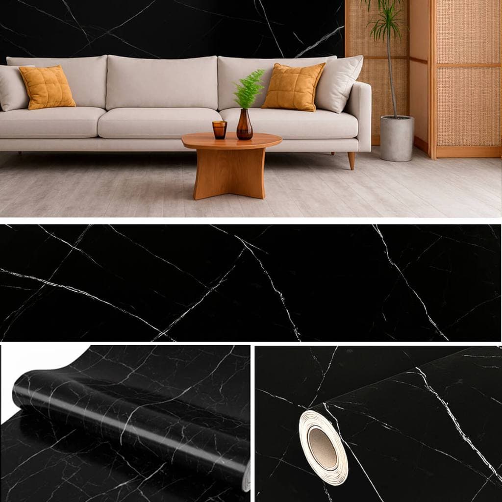 Papel de Parede para quarto / sala / cozinha / escritorio Preto Marmorizado Branco