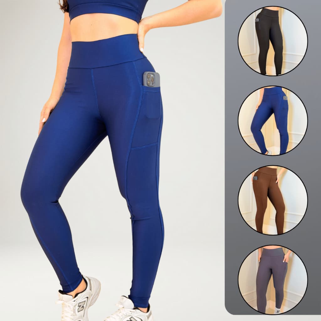Calça Legging Feminina Fitness Cós Alto Duplo com Bolso Suplex Zero Transparência Academia Treino