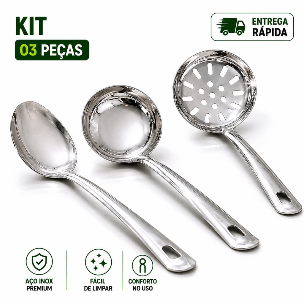 Kit Conjunto Cozinha Utensílios 3 Peças 100% Aço Inox Colher Escumadeira Concha Restaurante Casa Buffet