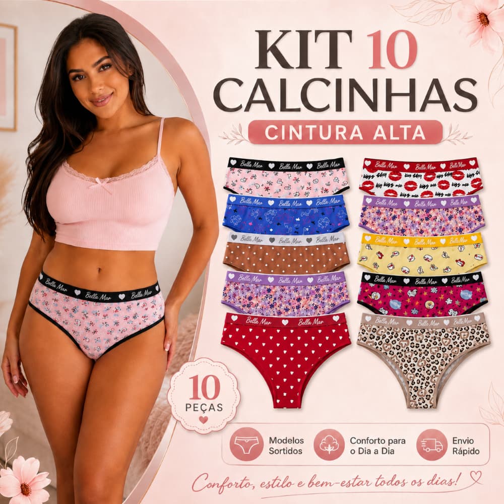 Kit 5 ou 10 Calcinha Algodão Tanga Conforto Calcinhas Elástico Exposto Cintura Alta ENVIO IMEDIATO