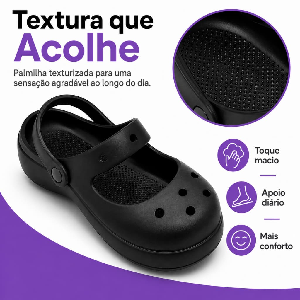 Sandália Clog Preta Leve e Prática com Alça Ajustável para Conforto Diário