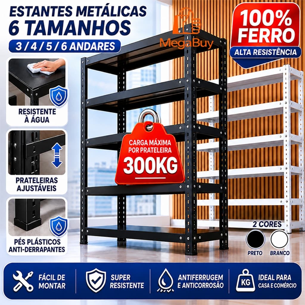 Estante durável de aço carbono 3/4/5/6 Andares Modelo reforçado multifuncional e regulável