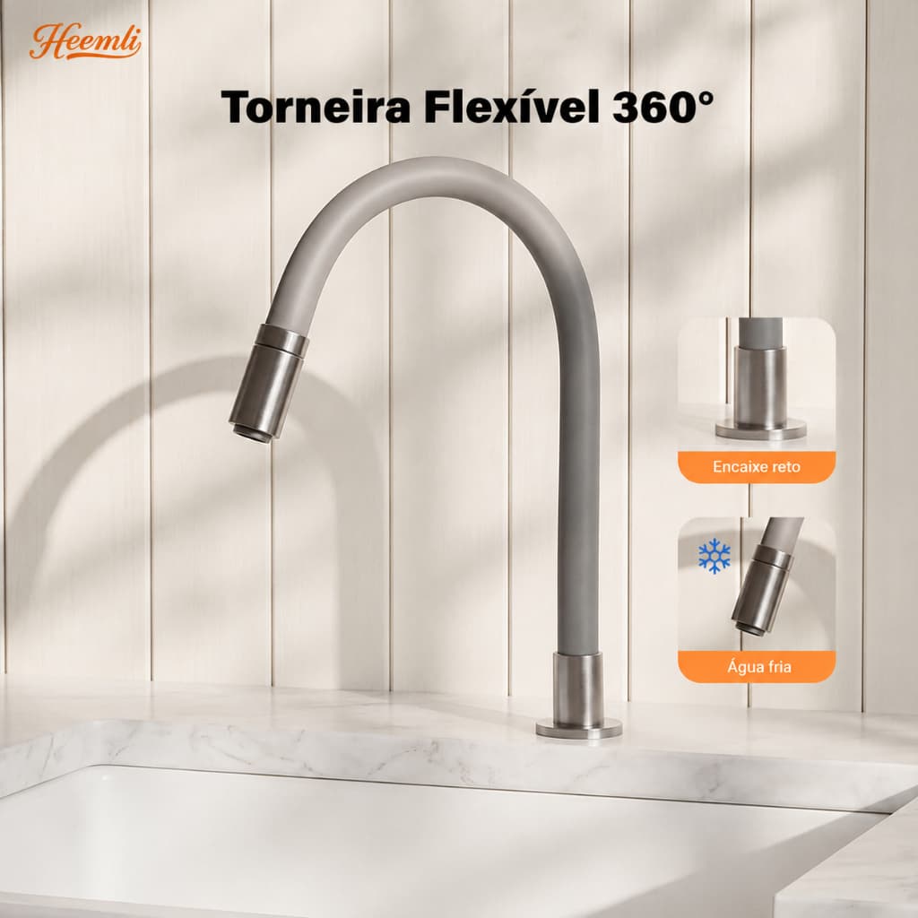 Heemli Torneira Cozinha Premium Inox 304 Cinza Água Fria Bica Alta Econômica