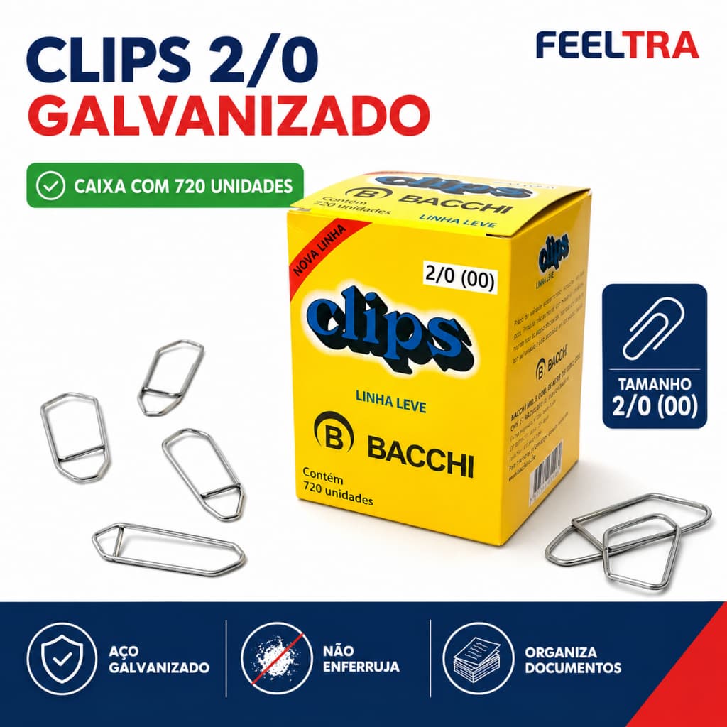 Clipes De Papel Caixas Clips Economico Galvanizados Tamanho 2/0 720 unidades Para Esritórios Papelaria Empresas Gráficas