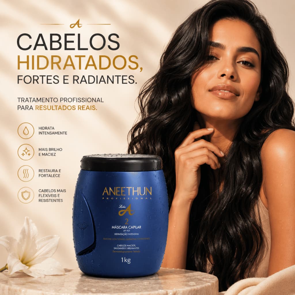 Máscara Aneethun Linha A 1Kg Hidratação e Nutrição Reestrutura os Fios Normais a Secos