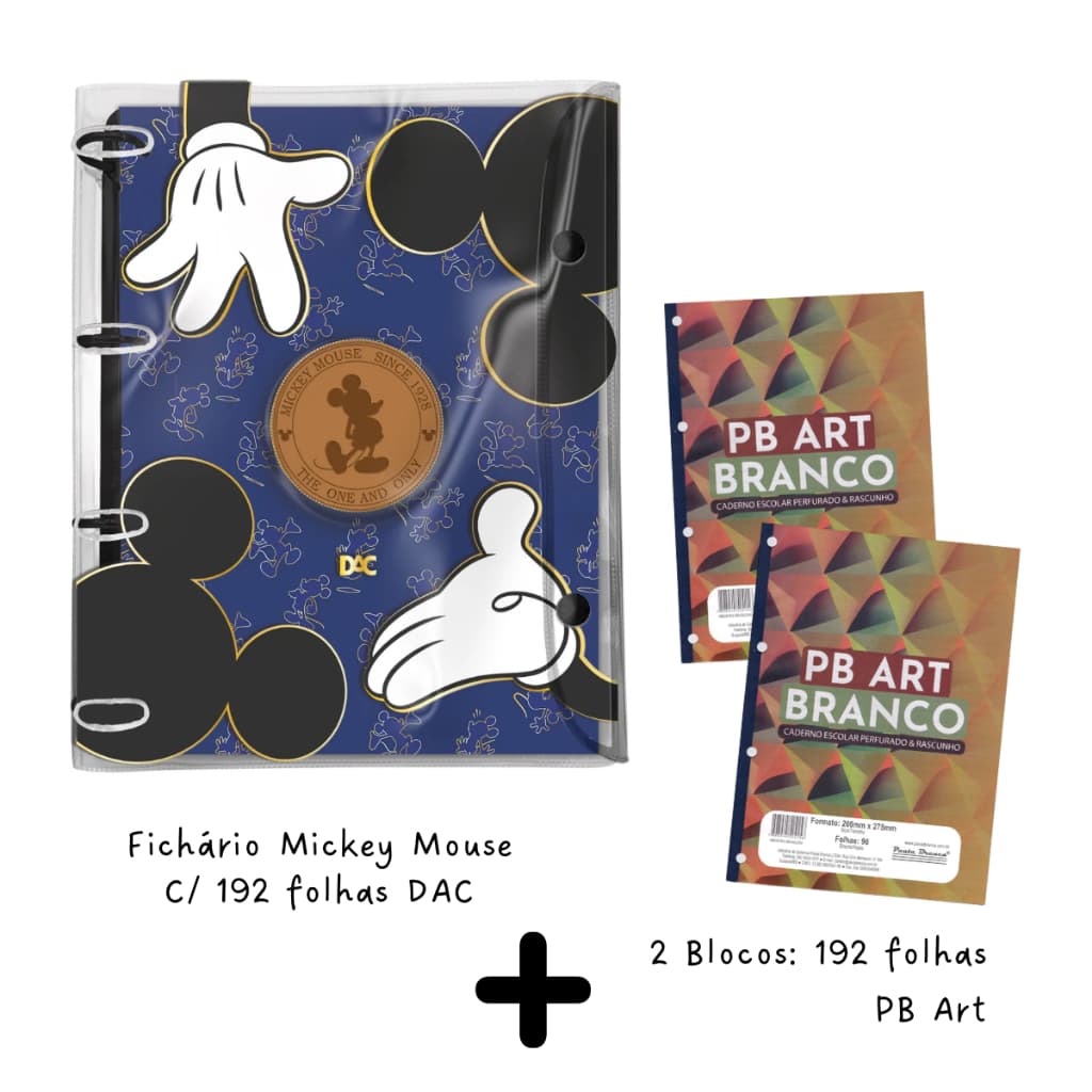 Fichário Universitário A4 Mickey Mouse Mikey PVC Cristal DAC 384 Folhas Caderno Argolado com Folhas Organizador Escolar