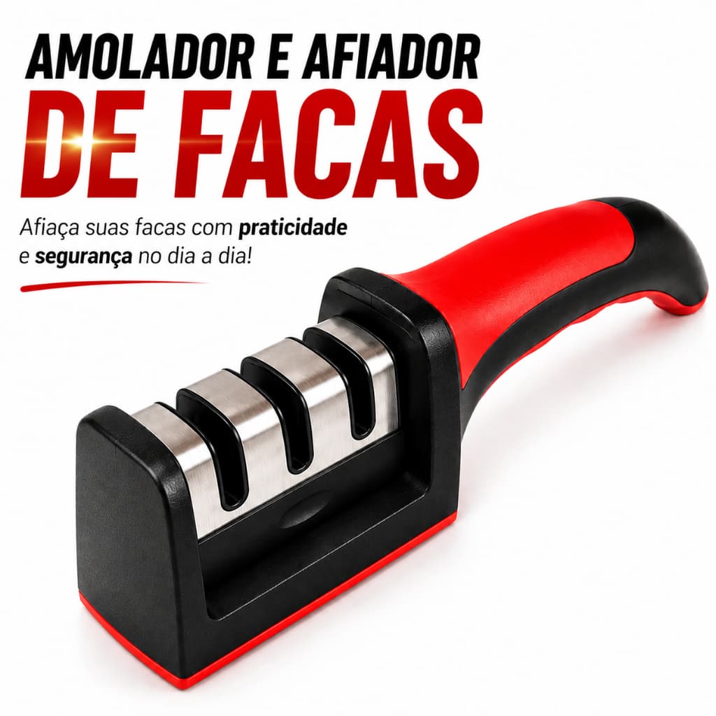 Amolador de Facas Profissional 3 Níveis Aço Inox Premium Afiador Manual para Cozinha, Churrasco, Açougue, Restaurante