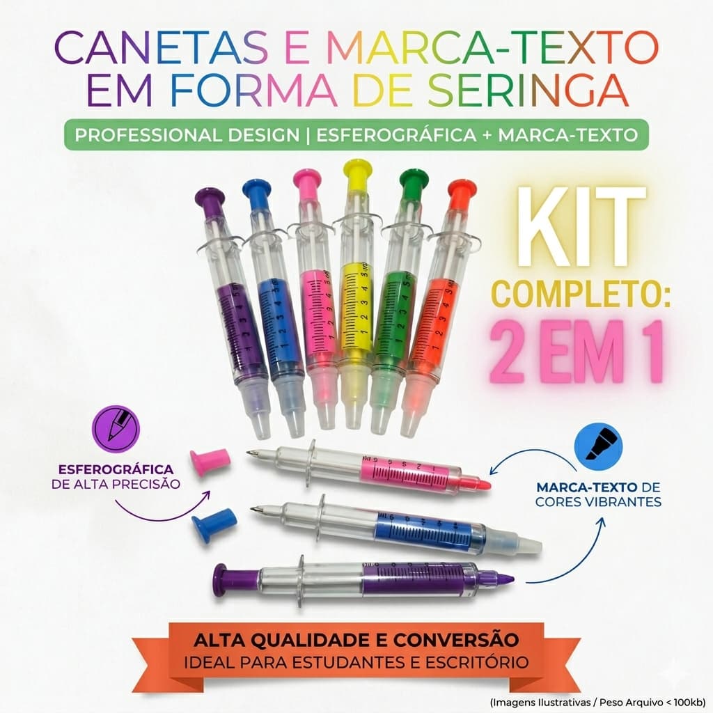 Kit 1 a 6 canetas em Gel coloridas Seringa Injeção Criativas Divertidas Medicina Enfermagem Saúde