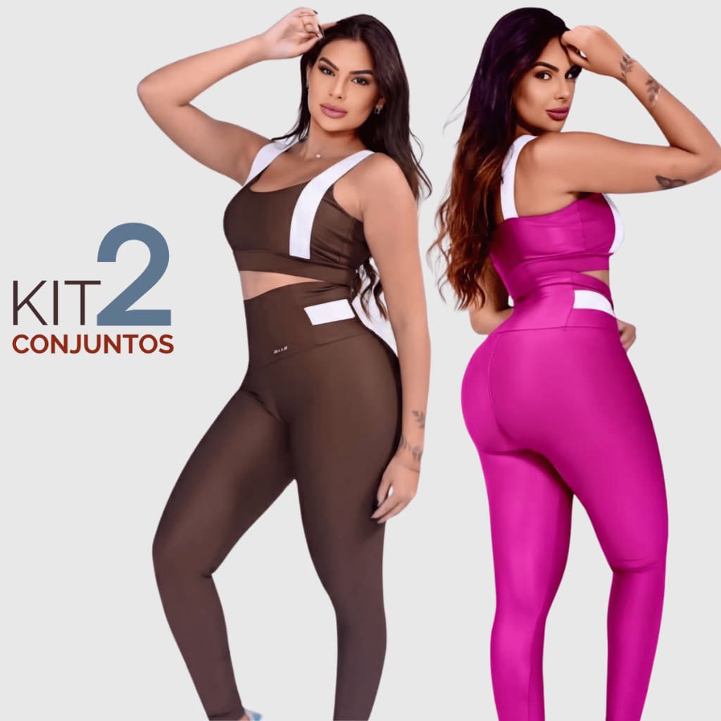 Kit 2 Conjuntos Fitness Roupa Academia feminina Top Com Bojo Calça Legging Alta Compressão Elástico