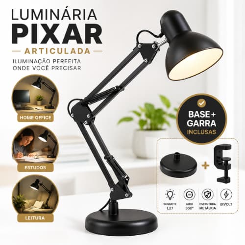 Luminária Pixar Articulada De Mesa Com Base E Garra E27 Metal Escritório Home Office Leitura Estudo Escrivaninha