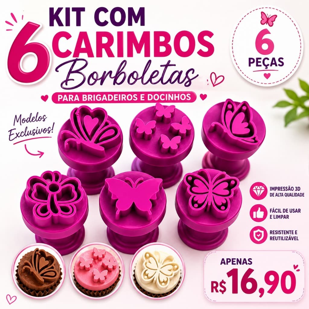 Carimbo para Brigadeiro Borboleta Kit 6 Peças Decoração Doces