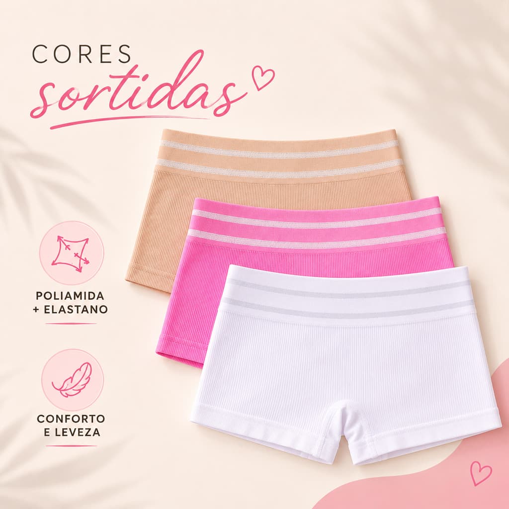 Kit Cueca Calcinha Boxer Canelada Cós Alto Sem Costura Conforto Premium Moda Feminina